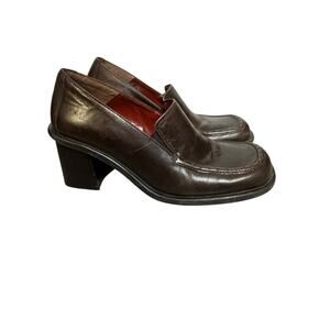 Vintage Y2K 90s Nine West Chunky Block Heel Square Toe Brown Leather Loafers 6.5